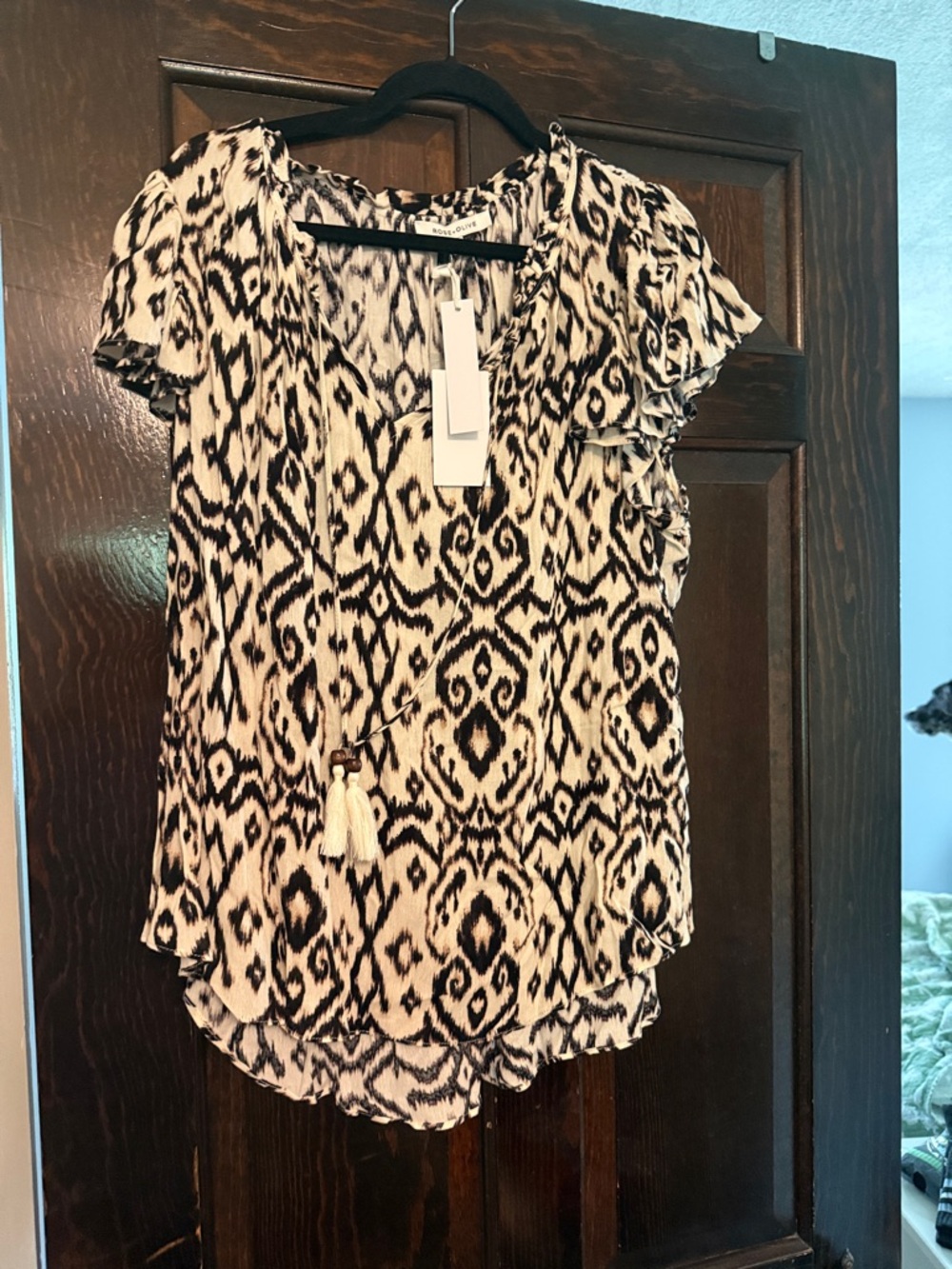 Rose & Olive Black and Cream Ikat Tassel V-Neck Blouse